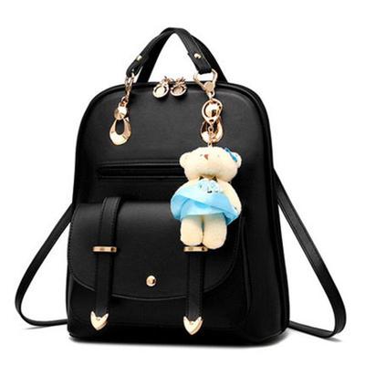 Trendy Korean Style Women's PU Leather Backpack with Hanging Bear