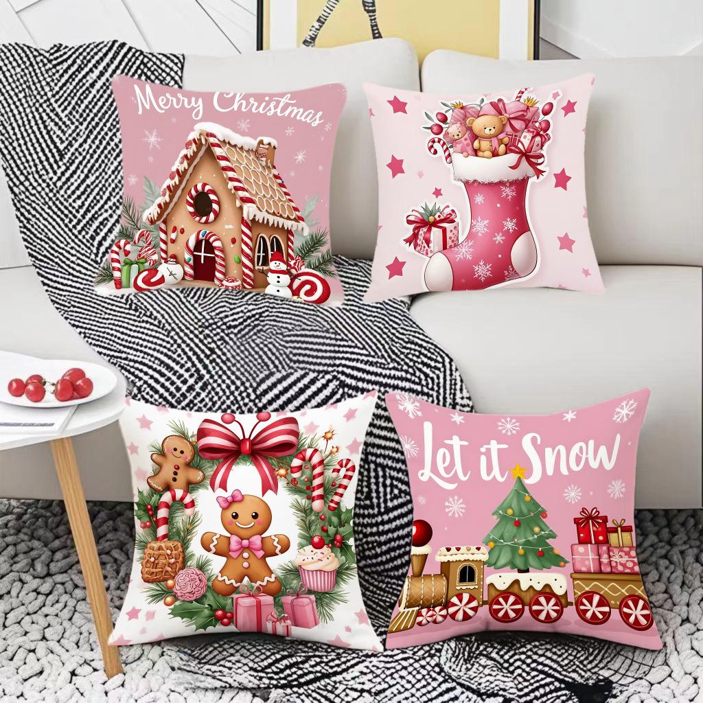 Christmas Gingerbread Man Pink Cushion Cover Letter Print Holiday Decoration Living Room Sofa Cushion Cover Cushion Cover
