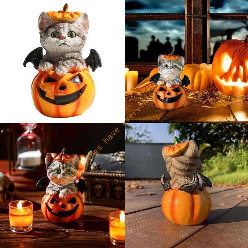 Halloween Kürbis Dekorationen Harz Kürbis Figuren mit Katzen Mittelstücke für Außen Innen Feengarten Dekorationen 55KF