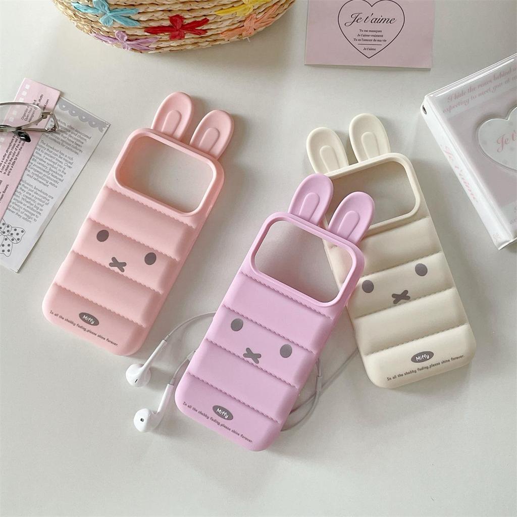 Down Feather 3D Ears Rabbit iPhone 15/16/17 Pro Max Anti-Drop Case