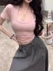 Women's Slim Fit U-Neck Short Sleeve Top - Trendy Low Cut Collarbone Style