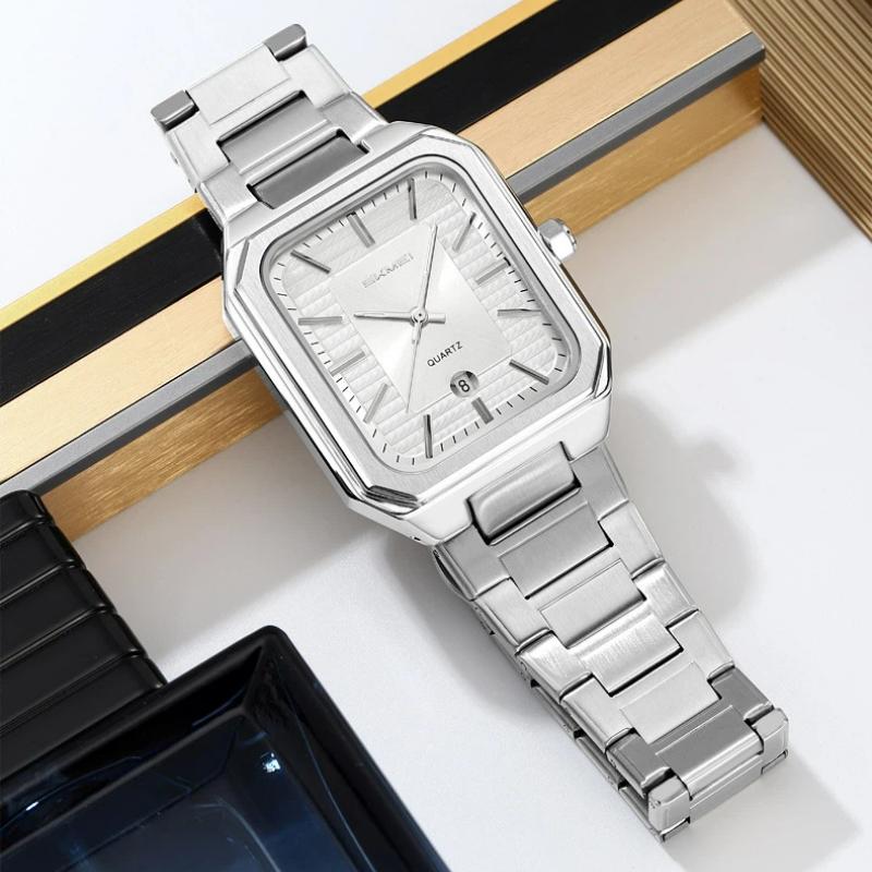 SKMEI Luxury Business Square Quartz Watches Classic Stripe Design Dial with Stainless Steel Band Wristwatch for Men