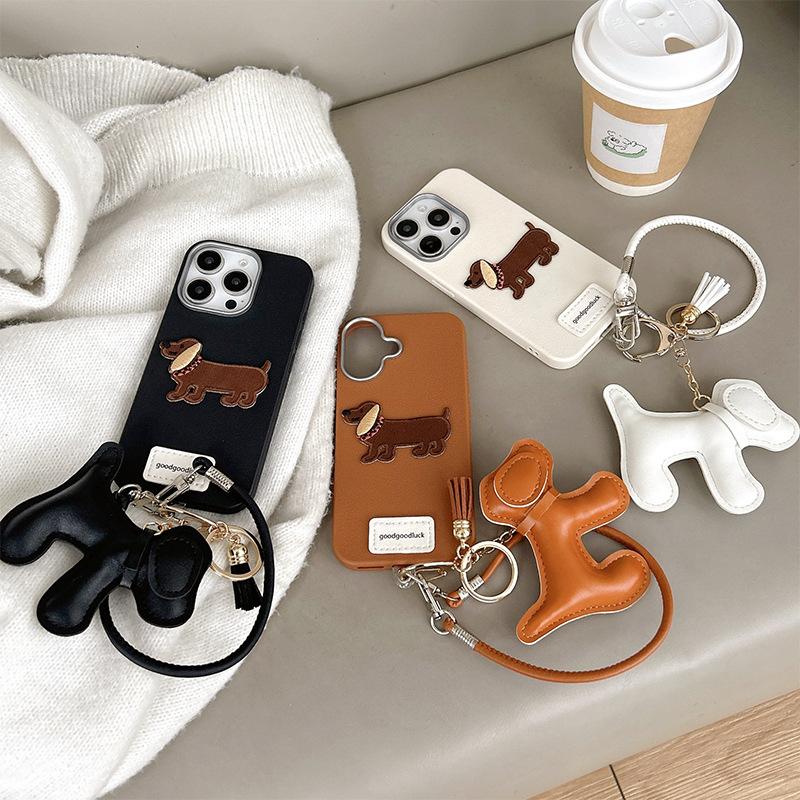 Imitation Leather Pattern Tpu Mobile Phone Case Is Suitable For Iphone16Promax Portable Rope Apple 15 Puppy Pendant 14 Women'S Models