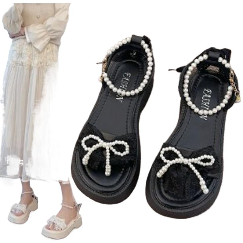SyfIyno Sommer Neue Perlen Schleife Sandalen Damen Ein Riemen, Offene Zehen, Dicke Sohle Mode Römische Damen Sandalen