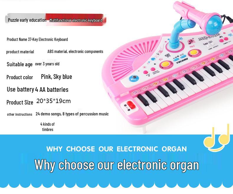 37-Key Children's Educational Electronic Keyboard with Microphone - Girls' Music Piano Toy