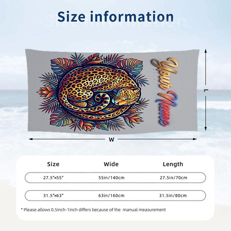 Leopard Print Style Theme Quick Dry Beach Towel Custom Name Text Print Large Sand Resistant Towel Beach Vacation