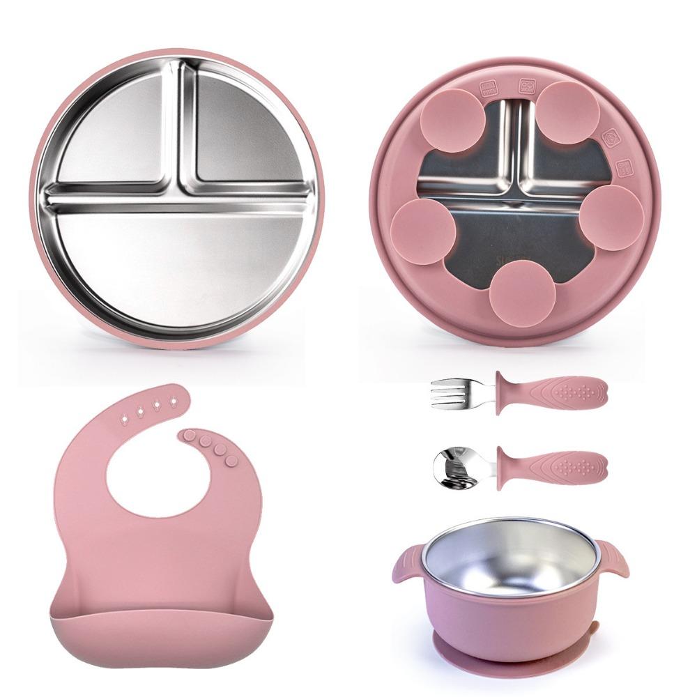 Divided Baby Feeding Set Shockproof Suction Cup Plates Baby Plates Weaning Training темно-розовый