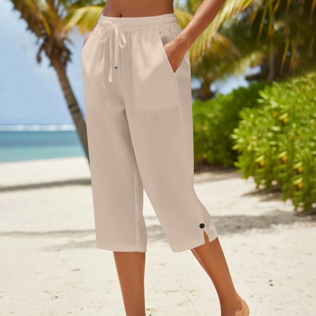 Women's -color Cotton And Linen Three-quarter Length Pants