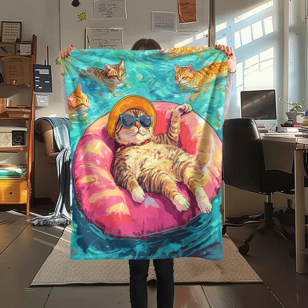 Cats with Swim Rings  Print Flannel Blanket, High quality Comfortable for All Seasons, Home Decor, Warmth and Comfort