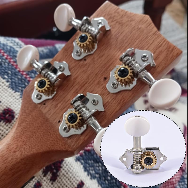 Ogdni 2R2L White Plated Guitar Tuning Pegs Machine Head Gear Ratio for Ukulele Guitar Bass Tuning Key Machine Head Replacement Tuners, 119 4-String