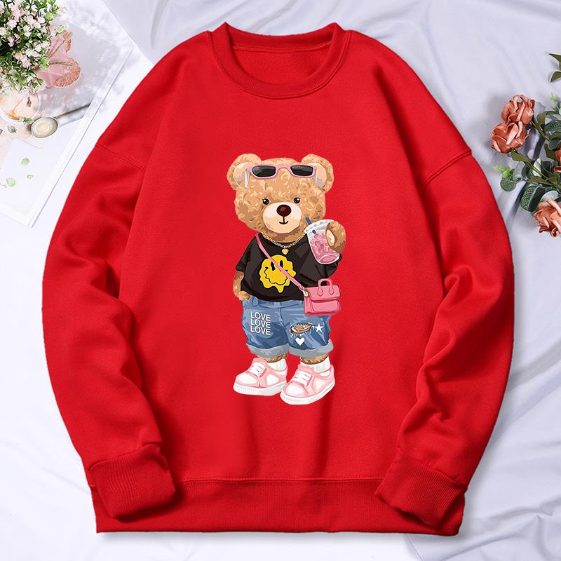 Bärenschwester Milchtee trinken Druck Damen Hoodie Herbst Warmes Sweatshirt Lässige Kapuzenpullover Hip Hop Lockere Pullover Oberteil