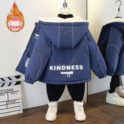 2024 Jungenjacke im koreanischen Stil mit Samtfutter und Kapuze – Herbst/Winter, lässige, lockere Passform mit Buchstabendruck