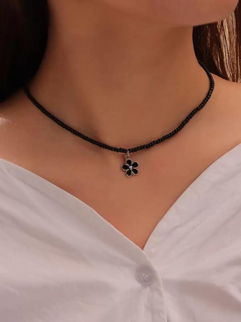 1pc Dainty Flower Charm Beaded Necklace, Perfect for Valentines & Everyday Sweet Style