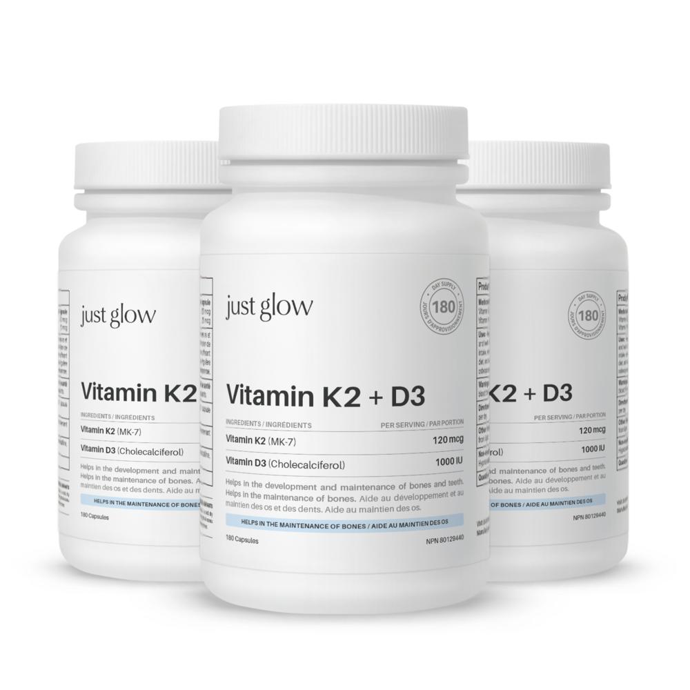 Justglow Vitamin K2+D3 MK7 120mcg + 1000IU Veggie Capsules 3 pcs 180 Tablets