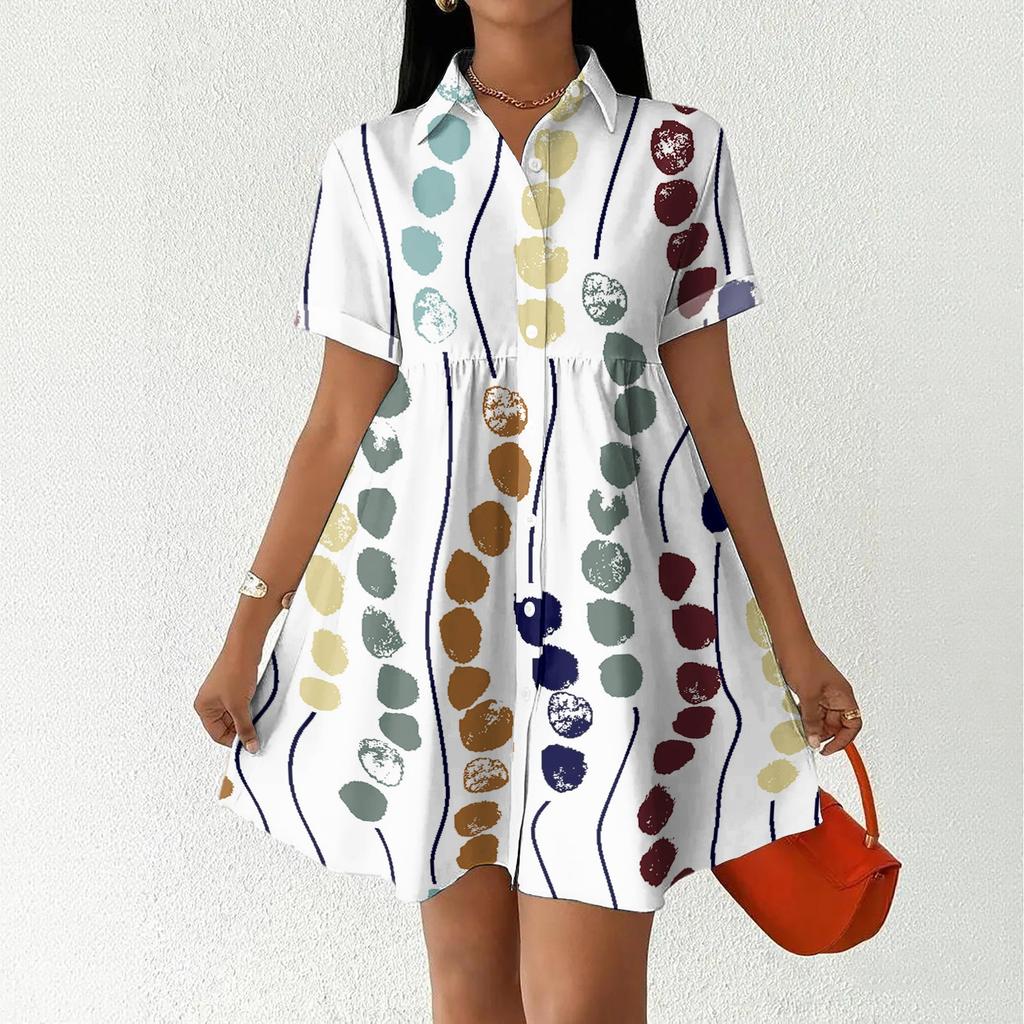 Women’s Casual Loose Fit Shirt Dress Button Down Stand Collar Short Sleeve Relaxed Tunic Dress with Geometric Print