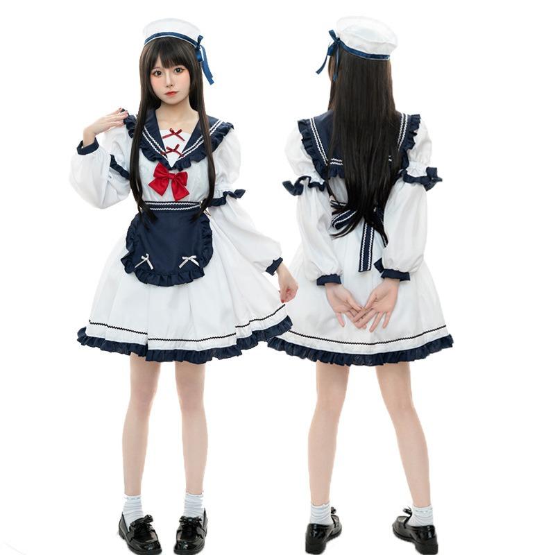 Halloween Navy Collar JK Uniform Suit Lolita Lolita Pure Desire Small Dress Pleated Blue and White Dress Women