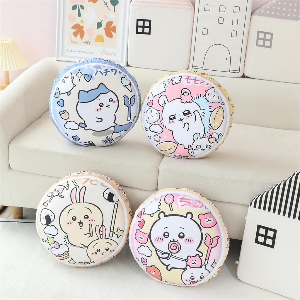 Soft, round plush pillow featuring a flaming hachiware rabbit and flying squirrel. Perfect for car, chair, or other use. Highly resilient, it's a
