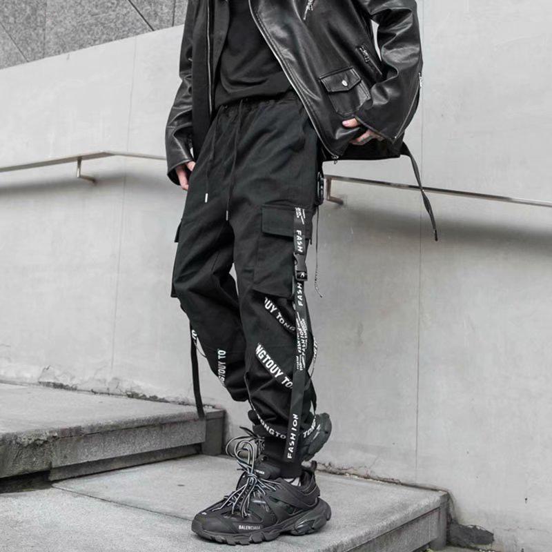 Men's Trendy Cargo Joggers: Spring/Autumn, Multi-Pocket, Korean Ribbon Style