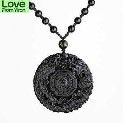 Natural Black Obsidian Pendant Taichi Dragon Phoenix Eight Trigrams Yin Yang Necklave Amulet Peace Mascot For Men /Women