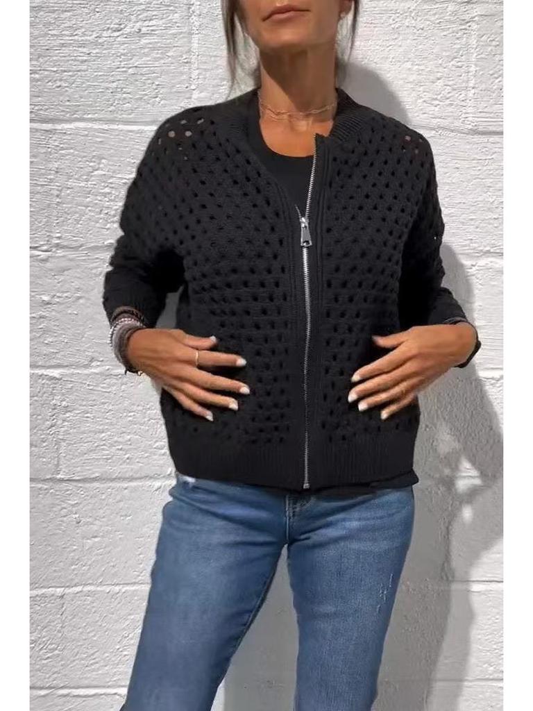 2025 Evropská a americká dámská ležérní móda Dutý pletený zapínací svetr