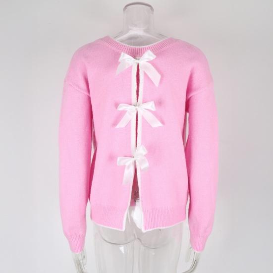 Women Sweater Tops Round Neck Long Sleeve Ribbed Hem Cuff Knitting Tops with Back Bow Decor Solid Color Knitwear