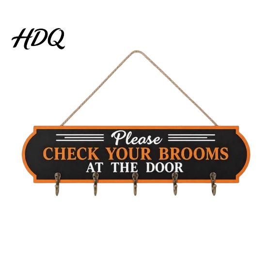 Seasonal Yard Sign Decor Halloween Broom Parking Sign Check Your Brooms Wooden Wall Hanging Witch Themed Door with Hooks for Indoor Outdoor
