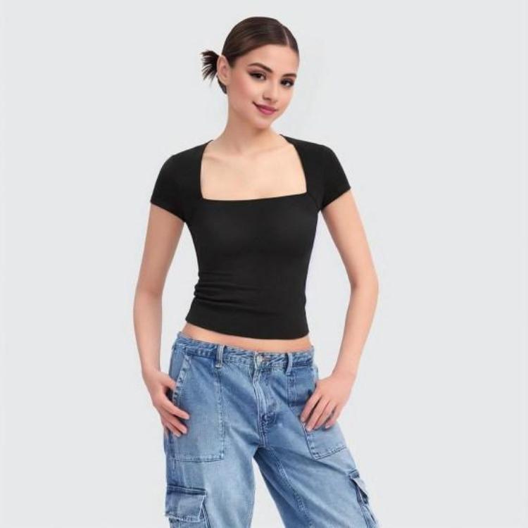 Summer Women T Shirt Streetwear Short Sleeve Square Collar Slim Fit Solid Color Pullover Top