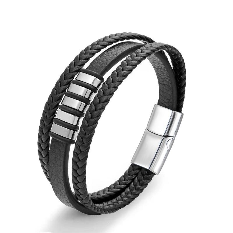 Mens Stainless Steel Leather Braided Bracelet Multi-Layer Geometric Design Minimalist Fashion Accessory Daily Wear
