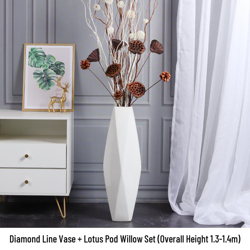Nordic Minimalist Ceramic White Floor Vase for Dried Flowers and Lucky Bamboo, Living Room Decor
