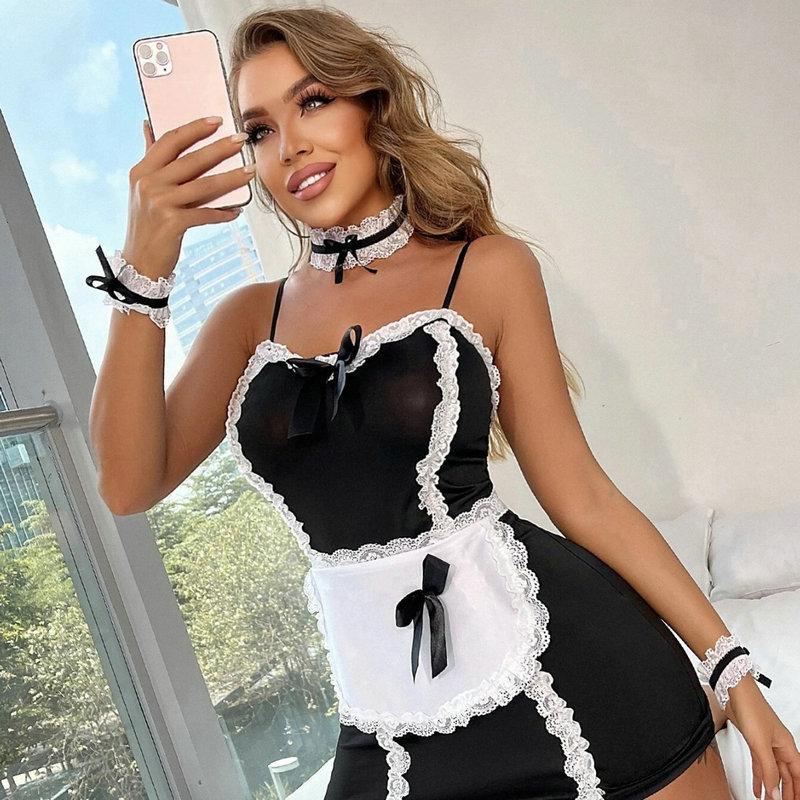 Erotic Uniform Maid Suit Sexy Lace Plus Size Erotic Lingerie Cosplay Maid Slip Nightdress