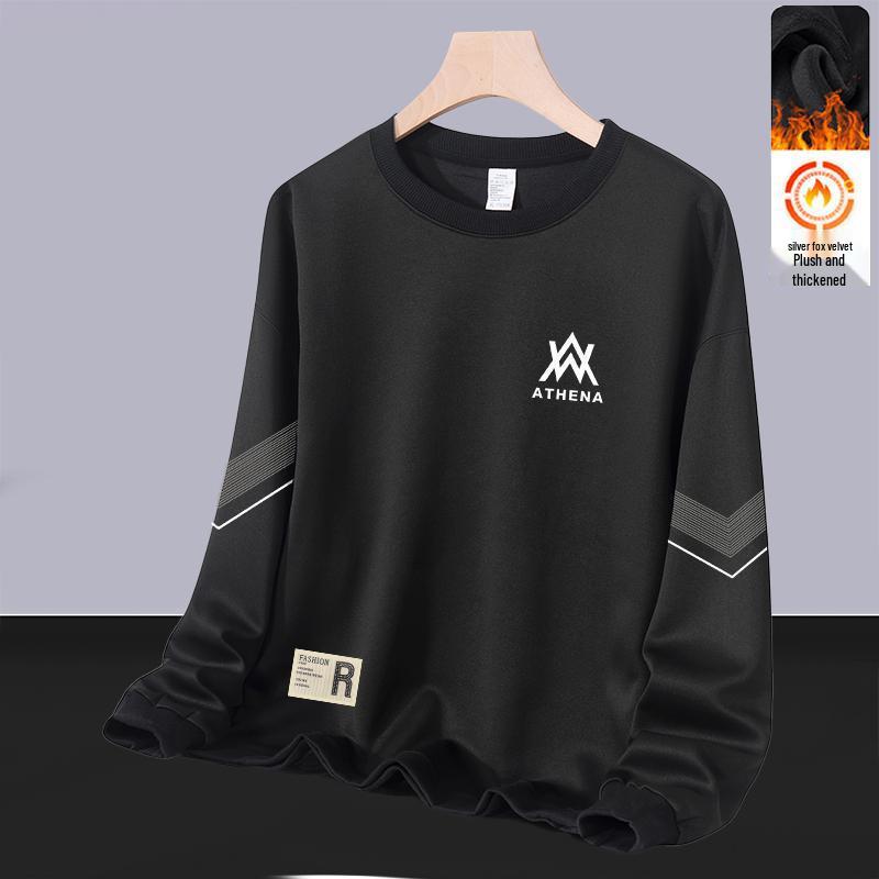 Men's Trendy Round Neck Hoodie: Autumn/Winter Loose Fit with Velvet, Long Sleeves, Versatile Casual Pullover