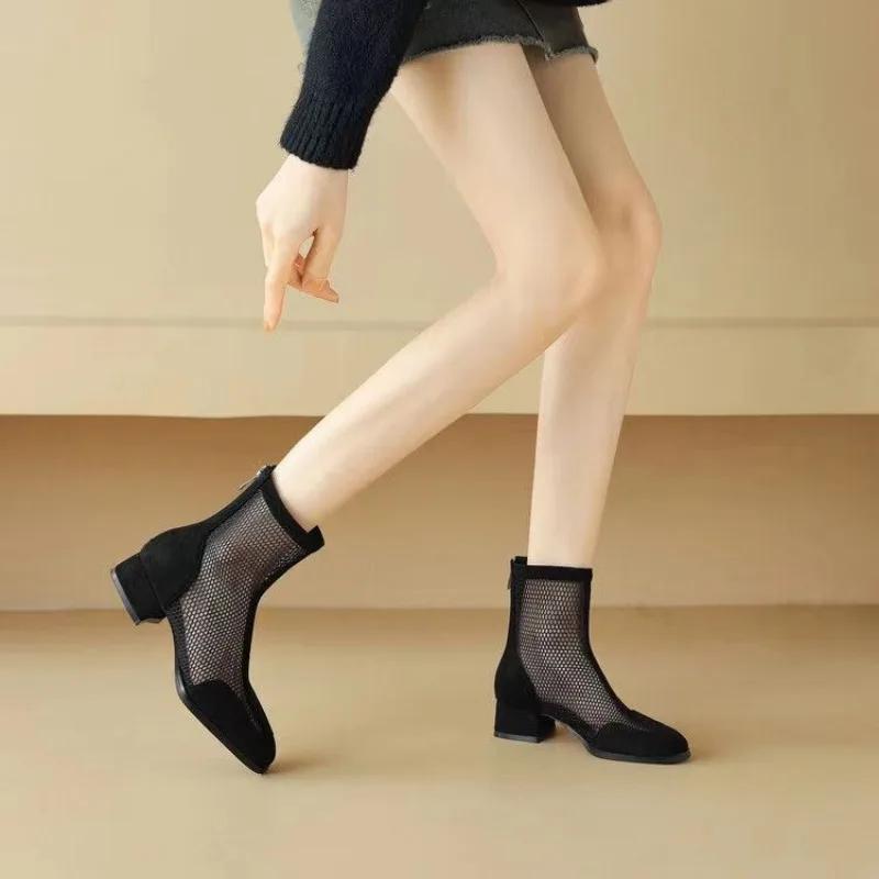 Nové prodyšné síťované krajkové dámské boty Letní kotníkové boty Tenké vysoké podpatky Sexy sandály Chelsea boty Dámský styl