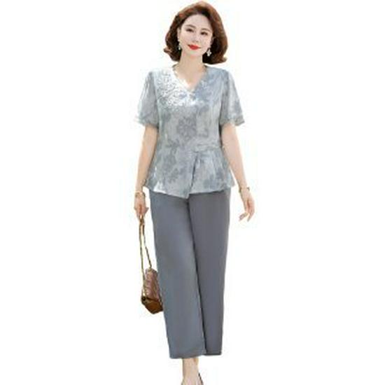 

Spring/Summer Mom s Casual Two-Piece Set: Short-Sleeve Top & Wide-Leg Pants for Middle-Aged & Elderly Women XL сірий колір