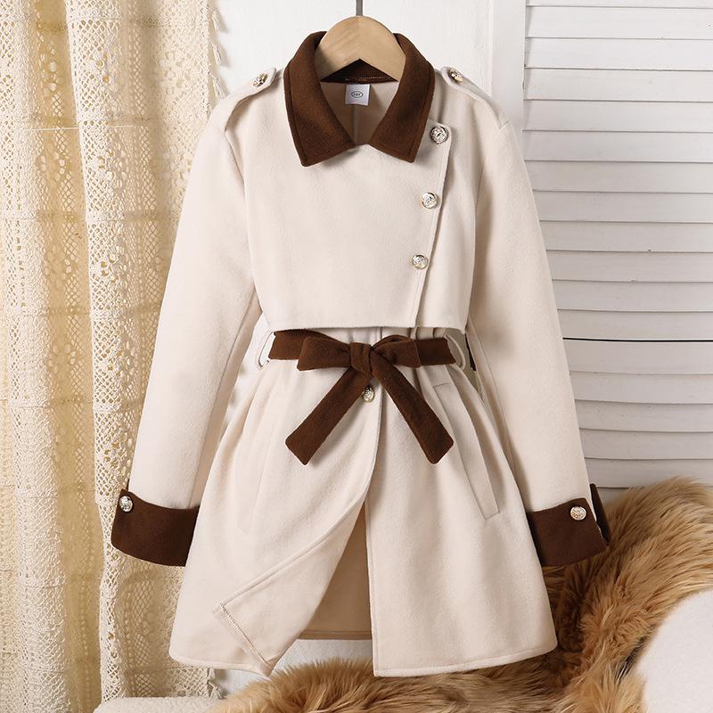 

Детское модное шерстяное пальто в стиле пэчворк, элегантное пальто с длинными рукавами и цветными блоками для девочек на осень и зиму 130cm=8Y