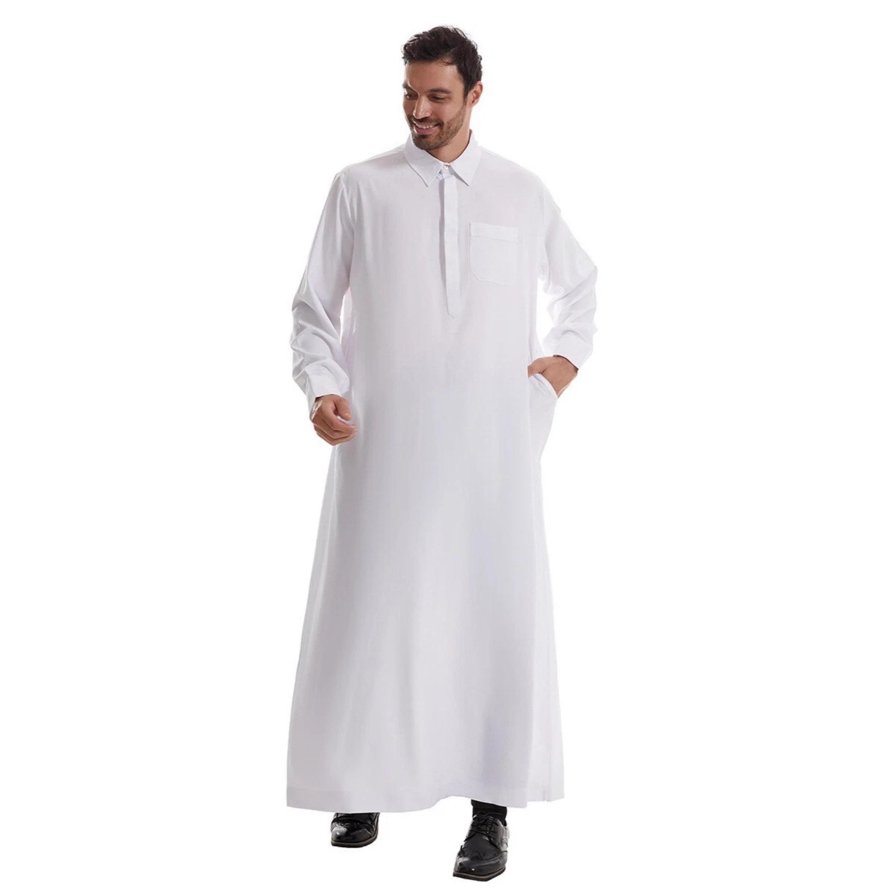 

Men s Muslim Robe Solid Color Long Sleeve POLO Neck Pocket Loose Muslim Robe L белый