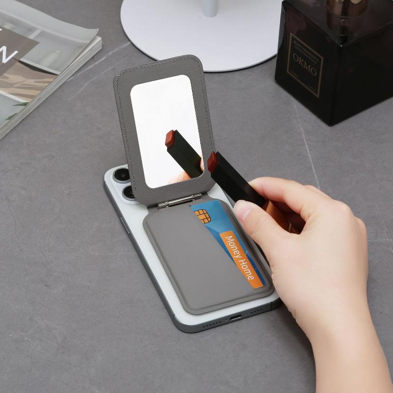 Magnetic Wallet Stand with Mirror Lightweight PU Leather Card Holder Phone Mount for Gym Sports Use