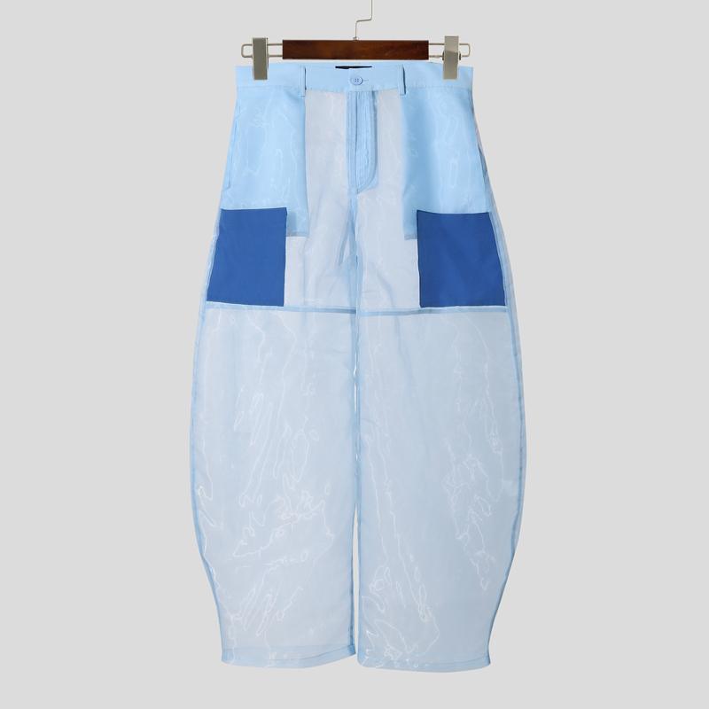 INCERUN Men High Waist Zip-up See Through Perspective Party Long Pants Trousers