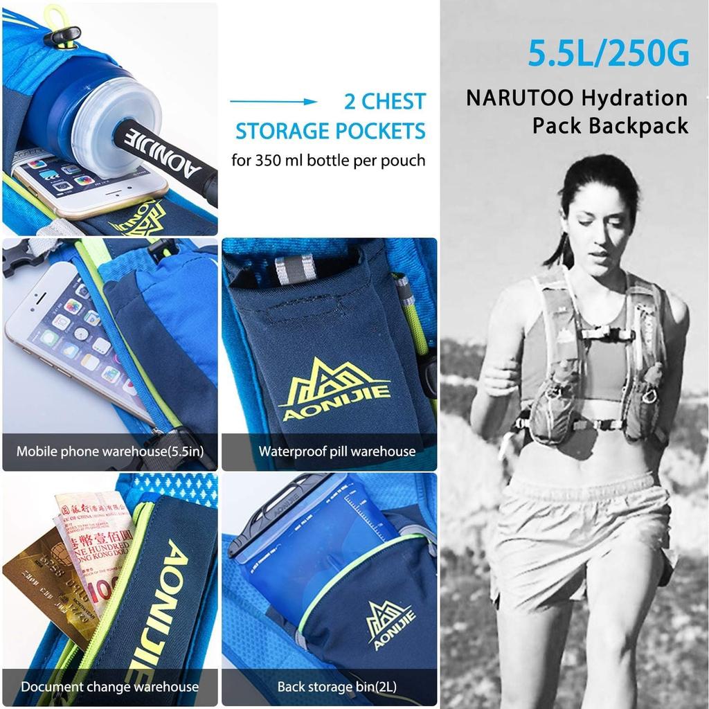 HEARTST Running Bag Marathon Backpack Daypack Lightweight Breathable Waterproof Reflective Hydration Bag Backpack 500ml Water 5.5L (Blue + Bottle)