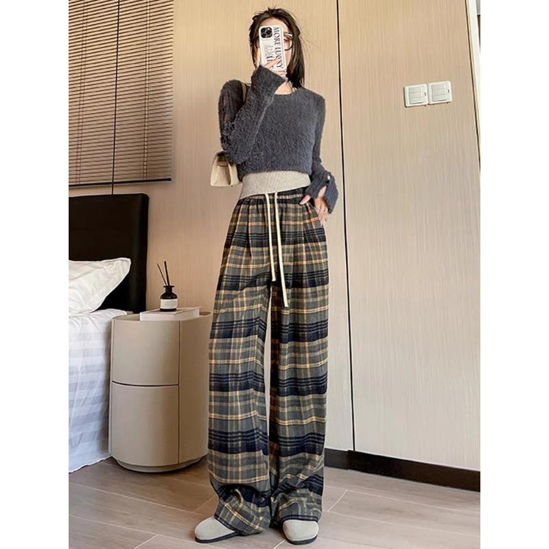 Nové podzimní a zimní zahuštěné matné kostkované ležérní kalhoty pro ženy Vlněný retro design Zavinovací rovné kalhoty se širokými nohavicemi