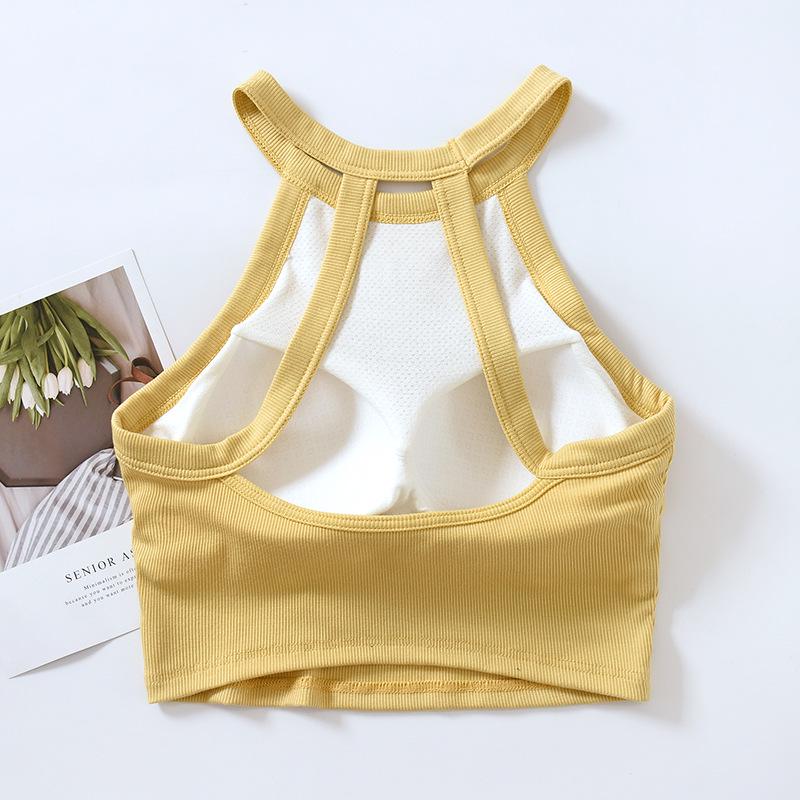 Dámský top bez rukávů, slim fit, halterový střih, krátký top s vycpávkami na hrudníku – bez kostic, krátké tílko.