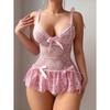 Sexy Sheer Lace Patchwork Pink Pure Desire Mesh Strap Lingerie Set for Women
