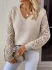 Spring and Autumn V-Neck Hollow Knitwear: Women's Solid Color Casual Long Sleeve Top