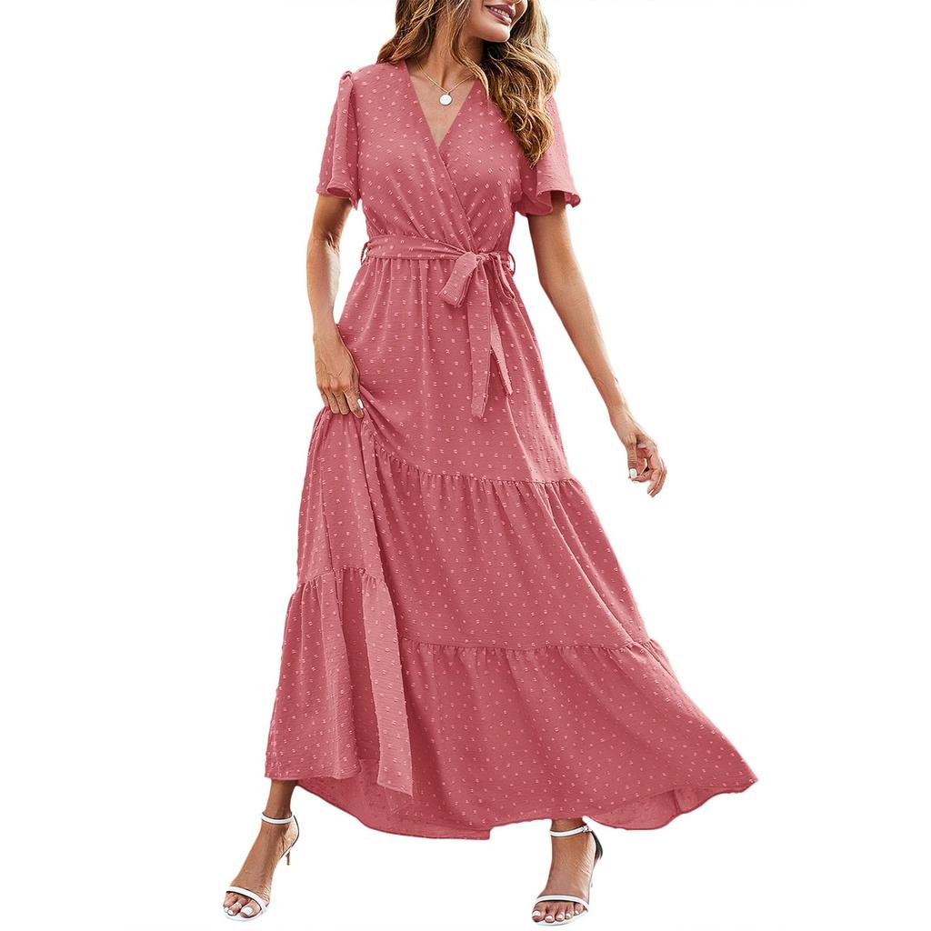 Women's Summer Bohemian Dot V-Neck Floating Short Sleeve Solid Color Tie Dresses