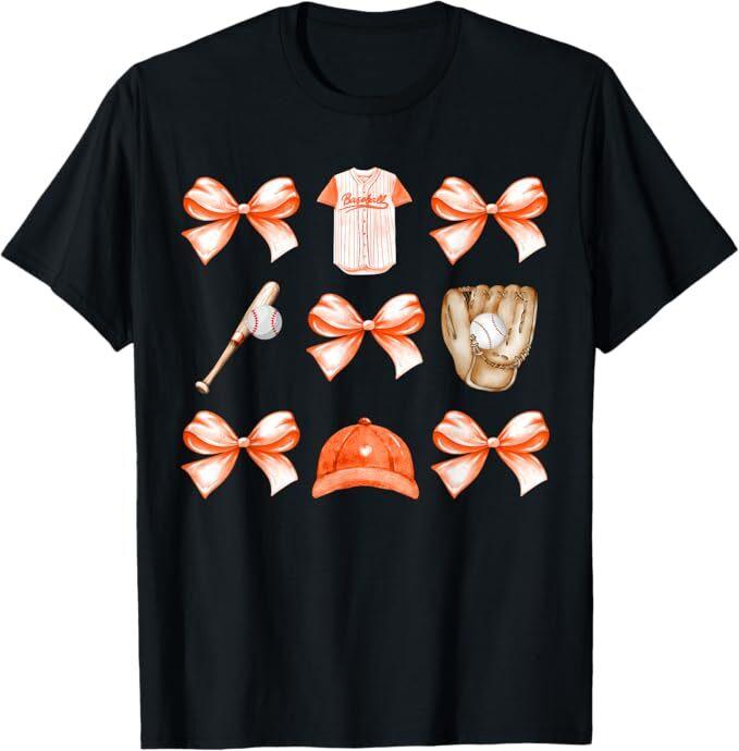 

Baseball Game Day Orange Coquette Bow Baseball Mom Retro T-Shirt S