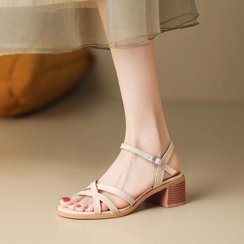 Fashion 2024 Summer Woman Sandals Genuine Leather Shoes for Women Chunky Heel Open Toe High Heel Shoes Sandals