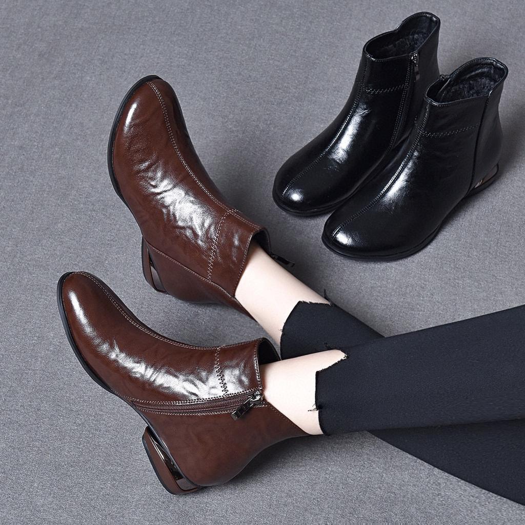 Round Head Short Boots Women's 2025 Autumn and Winter New Mango Head Low Heel Casual Cotton Boots Comfortable Flat Boots Cowhide Women's Leather Boots