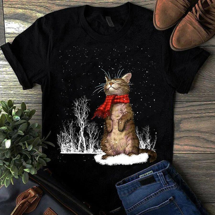 Meow Cat Red Scarf Snowflake Christmas - Men s and Women s T-shirts M