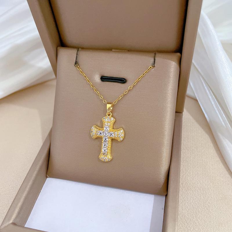 Cross Zircon Light Luxury Temperament Gorgeous Full Diamond Necklace Female Versatile Collarbone Chain Titanium Steel Chain