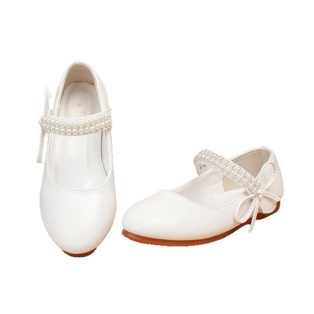 Weiße Leder Ballerinas für Mädchen: Frühlings- und Herbst-Blumenmädchenschuhe mit Perlen