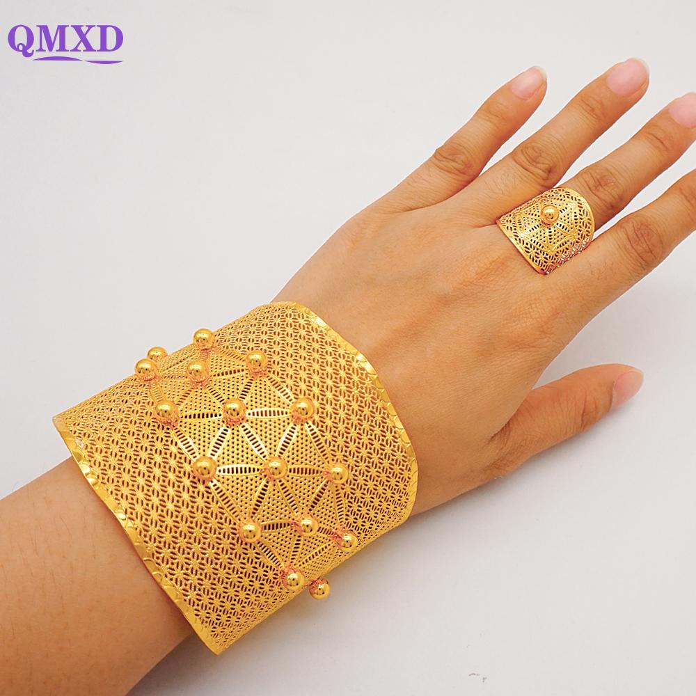 Dubai Gold Color Bangle With Ring For Women Charm Chain Cuff Bracelet Indian Bracelet Arabic France Bridal Wedding Jewelry Gifts